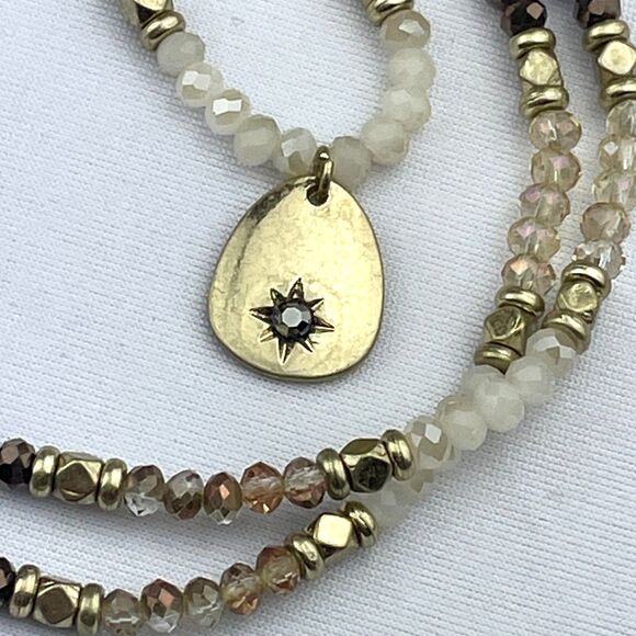 ~ Marlyn Schiff Necklace Beaded Gold Star 2-sided Crystals Neutral Brown Ivory - Picture 3 of 12